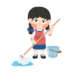 A girl is cleaning a floor with a mop