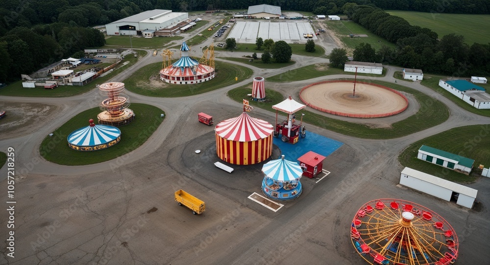 Poster overhead view of empty fairgrounds with rides