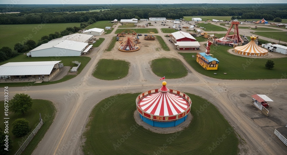 Poster overhead view of empty fairgrounds with rides