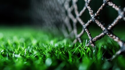 Close-up image showing a soccer net with focus on the vibrant green grass beneath, representing energy and movement; the background is artistically blurred.