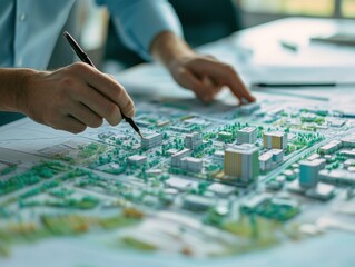 Naklejka premium Infrastructure Engineer Designing Cityscape on Blueprint Using Pen