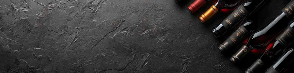 Obraz premium Collection of wine bottles on black background, copy space. close-up. 