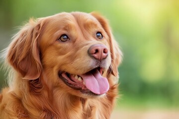 A golden retriever, tongue out, smiles cheerfully with a green natural backdrop, highlighting joy and companionship.