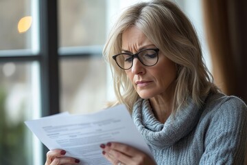 Stressed mature woman looking at debt document, Generative AI