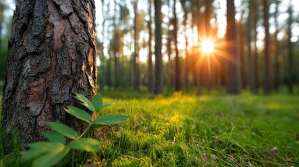 Obraz premium Sunset in the Forest Golden Light Through Trees Green Grass and Tree Bark