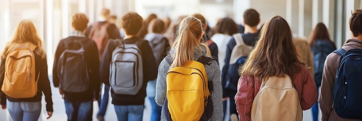 A diverse group of students walk in a hallway with backpacks, representing learning, journey, and youthful energy.