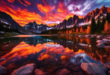 stunning sunset over breathtaking mountain range vibrant colors dramatic cloud formations sky, silhouette, horizon, clouds, landscape, dusk, scenic, view