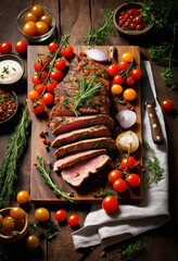 delicious savory meat dish displayed rustic wooden cutting board surrounded fresh ingredients vibrant seasonings, cooking, food, cuisine, flavor, slicing