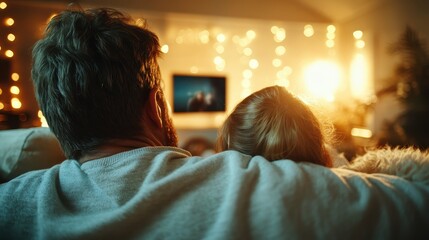 A couple is lounging together on a couch, watching television in a dimly lit room filled with warm fairy lights, emanating a sense of intimacy and relaxation.