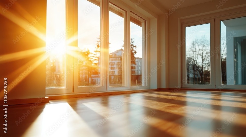 Poster a bright, empty room is filled with sunlight streaming through large windows, creating a serene and 
