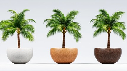 Fototapeta premium Three Palm Trees in Decorative Pots with White Background