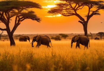 Obraz premium vibrant savanna landscapes diverse wildlife habitats featuring lush rich natural color palettes, horizon, grass, tree, sky, cloud, animal, ecosystem