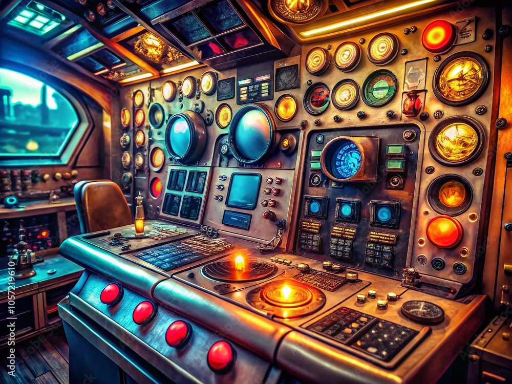 Poster vintage futuristic spaceship control panel in retro aesthetic design with glowing buttons and analog