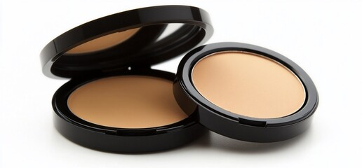 Two round compact powder makeup cases with black lids, one open, on a white background.