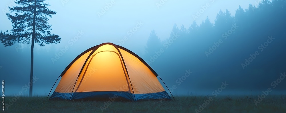Aufkleber enchanting moonlit tent in a foggy forest - captivating soft glow creating a serene atmosphere amids