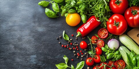 A vibrant assortment of tomatoes, peppers, herbs, and spices arranged beautifully on a dark kitchen surface.