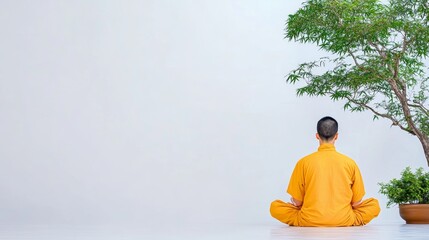 Man in Yellow Robes Meditating with a Tree in the Background