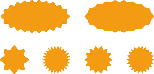 Starburst orange sticker set for halloween - collection of special offer sale oval and round shaped sunburst labels and badges. Promo stickers with star edges