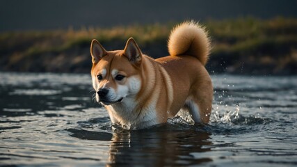 A Shiba Inu dog wading through water, enjoying its surroundings in a serene setting.