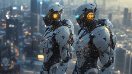 Futuristic Humanoid Robots in Advanced Tech Armor Amid Urban Landscape