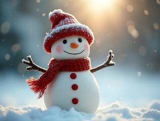 Cheerful snowman wearing a red hat and scarf standing in a snowy field under a bright sunlit sky, radiating warmth and happiness