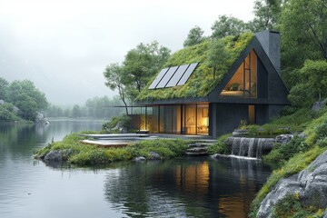 Obraz premium Renewable Energy Landscape - Off-Grid Eco-Friendly Scenery with Solar and Wind Power