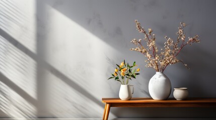A serene display of vases with flowers on a wooden table against a textured wall.