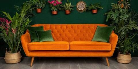Orange Velvet Sofa with Green Pillows and Plants in a Modern Living Room
