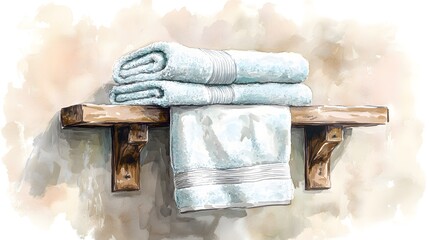 Watercolor Artistic using soft, brushy watercolor strokes, Soft Color, Single object picture - a set of soft pastel towels folded neatly on a wooden shelf