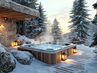 Contemporary jacuzzi set on a snow-dusted deck