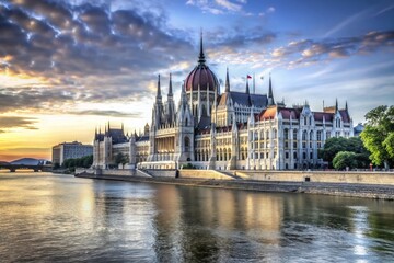 Fototapeta premium Vintage Panorama of Budapest Parliament Overlooking the Danube River at Sunset