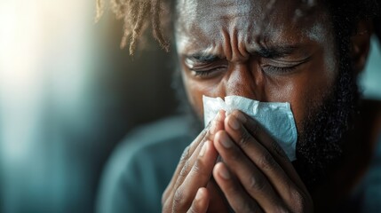 A man is caught in a moment of discomfort as he forcefully sneezes into a tissue, his facial expressions conveying the unpleasantness of dealing with sickness.