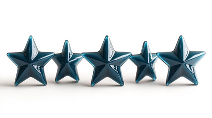Fototapeta premium Five glossy, dark blue, three-dimensional stars arranged in a horizontal line on a reflective white surface.