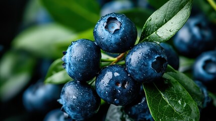 A beautiful cluster of ripe blueberries adorned with vibrant green leaves, highlighting their perfect ripeness and the lushness of nature's bounty.