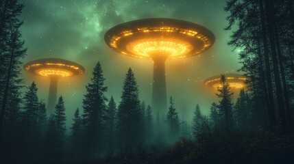Three glowing yellow spaceships are hovering over a forest