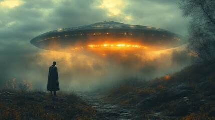 A man stands in a field looking up at a large, glowing, alien-like object