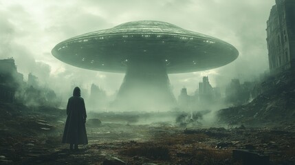 A man stands in front of a large, alien-like object