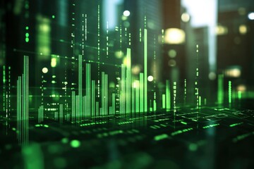 Fototapeta premium Abstract green digital data cityscape with glowing bars and bokeh