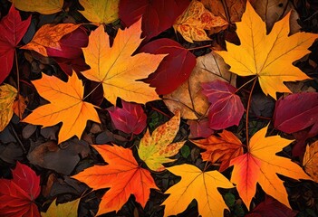 close vibrant autumn foliage showcasing rich colors detailed textures patterns, leaves, red, orange, yellow, green, nature, seasonal, macro, organic, shape
