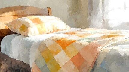 Watercolor Artistic using soft, brushy watercolor strokes, Soft Color, Single object picture - a soft pastel-colored quilt neatly folded on a bed