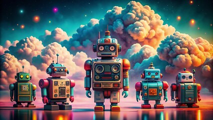Vintage Robotic Icons in a Pixel Perfect Cloud System Setting for Futuristic Aesthetics