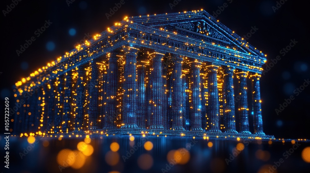Poster a glowing architectural structure illuminated with lights.