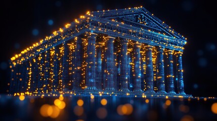 A glowing architectural structure illuminated with lights.