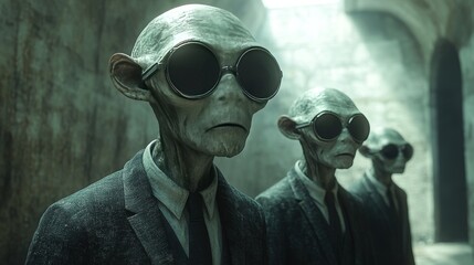 Three aliens wearing glasses and suits stand in a hallway
