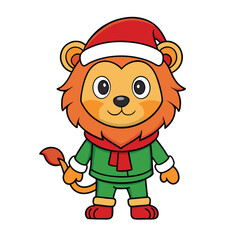 Adorable Lion Dressed in Santa Hat and Elf Costume  Perfect for Christmas Projects