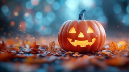 Illuminated Jack-o'-Lantern Resting on a Bed of Autumn Leaves