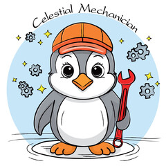 Cartoon Vector Kids Character Penguin Celestial Mechanics
