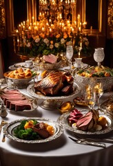 Fototapeta premium colorful array various meat dishes showcasing juicy cuts delicious preparations laid out elegant platter, appetizer, arrangement, banquet, beef, bites