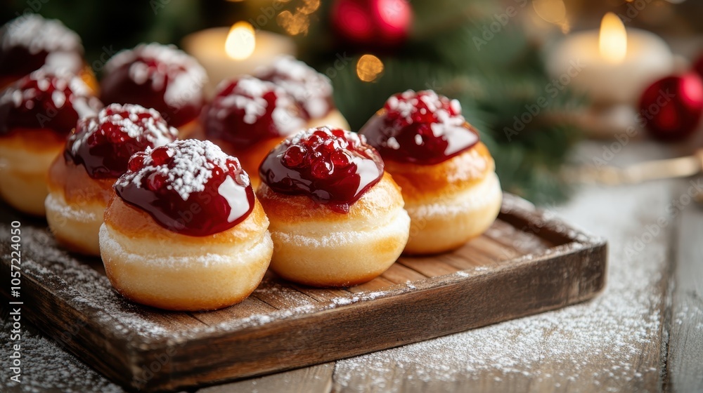 Poster a delightful display of mini donuts topped with cranberries and powdered sugar, presented on a rusti
