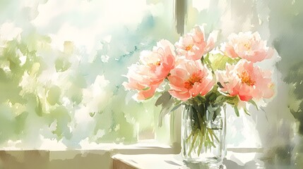 Watercolor Artistic using soft, brushy watercolor strokes, Soft Color, Single object picture - a glass vase filled with light pink flowers resting on a side table